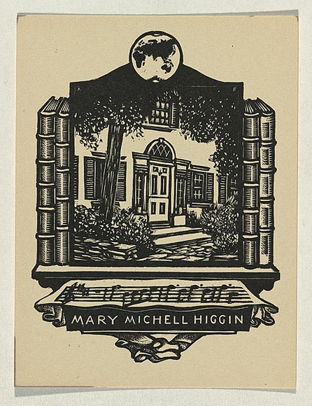 Artist: b'FEINT, Adrian' | Title: b'Bookplate: Mary Michell Higgin.' | Date: 1944 | Technique: b'wood-engraving, printed in black ink, from one block' | Copyright: b'Courtesy the Estate of Adrian Feint'