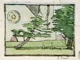 Artist: Grant, Nancy. | Title: Church grounds | Date: c.1935 | Technique: linocut, printed in colour, from water-based inks