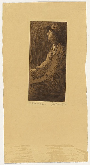 Artist: b'TRAILL, Jessie' | Title: b'The listener' | Date: 1922 | Technique: b'softground-etching, printed in brown ink with plate-tone with wiped highlights, from one plate'
