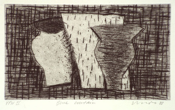 Artist: b'Lincoln, Kevin.' | Title: b'Blue curtain' | Date: 1988, June | Technique: b'drypoint, printed in black ink, from one copper plate'