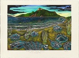 Title: Midden shells, Stanley Island, Princess Charlotte bay | Technique: linocut, printed in black ink from one block; hand-coloured