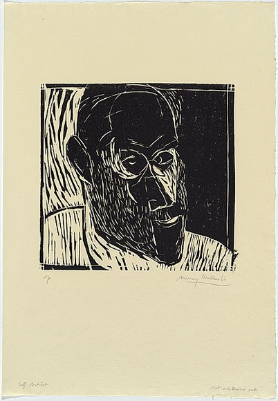 Artist: b'WALKER, Murray' | Title: b'Self portrait.' | Date: 1966 | Technique: b'woodcut, printed in black ink, from one block'