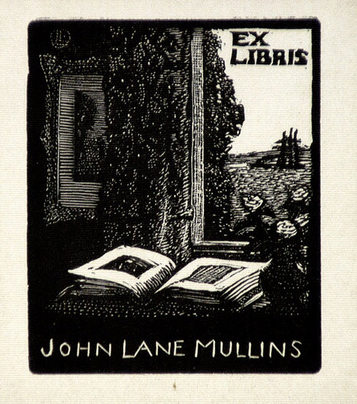 Artist: b'LINDSAY, Lionel' | Title: b'Bookplate: John Lane Mullins' | Date: 1922 | Technique: b'wood-engraving, printed in black ink, from one block' | Copyright: b'Courtesy of the National Library of Australia'