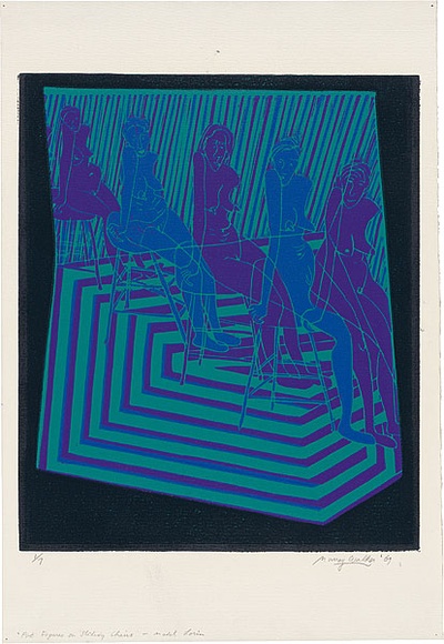 Artist: b'WALKER, Murray' | Title: b'Five figures on sliding chairs.' | Date: 1969 | Technique: b'linocut, printed in colour, from multiple blocks'