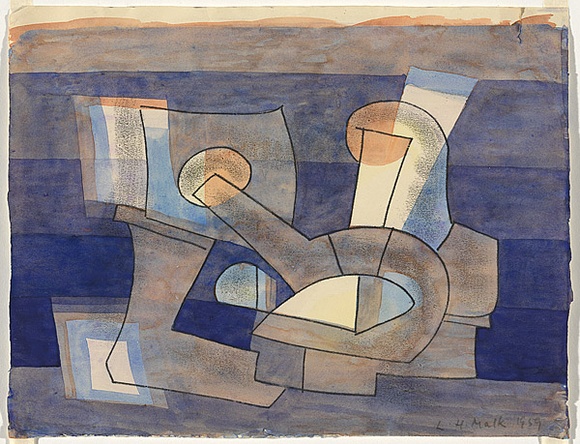 Artist: b'Hirschfeld Mack, Ludwig.' | Title: b(Abstract with hook) [recto]; (Study for 'Abstract with hook') [verso] | Date: 1959 | Technique: b'transfer print; watercolour addition (recto)'