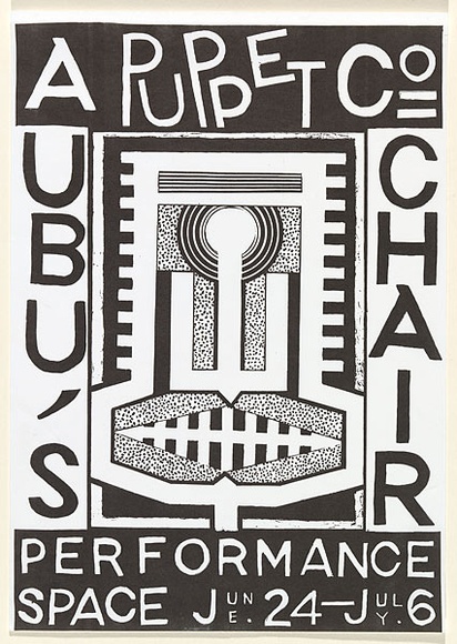 Artist: b'Twigg, Tony.' | Title: bA puppet company, Ubu's chair performance, Sydney | Date: 1986 | Technique: b'screenprint, printed in black ink, from one stencil' | Copyright: b'\xc2\xa9 Tony Twigg. Licensed by VISCOPY, Australia'