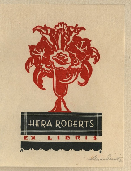 Artist: b'FEINT, Adrian' | Title: b'Bookplate: Hera Roberts.' | Date: 1930 | Technique: b'wood-engraving, printed in colour, from two blocks in black and red inks' | Copyright: b'Courtesy the Estate of Adrian Feint'