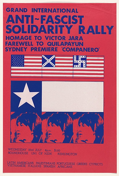 Artist: b'MACKINOLTY, Chips' | Title: b'Anti-fascist solidarity rally' | Date: 1975 | Technique: b'screenprint, printed in colour, from two stencils'