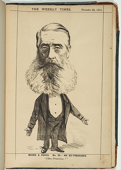 Title: b'An ex-treasurer [The Hon. Graham Berry M.L.A.].' | Date: 28 November 1874 | Technique: b'lithograph, printed in colour, from multiple stones'