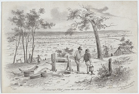 Artist: b'GILL, S.T.' | Title: b'Ballarat Flat from the Black Hill.' | Date: 1855-56 | Technique: b'lithograph, printed in black ink, from one stone'