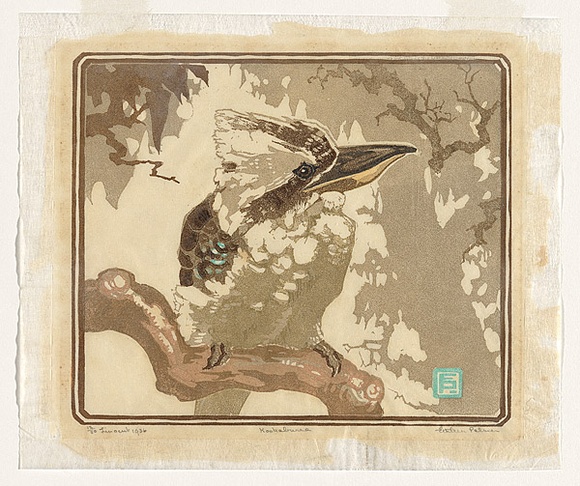 Artist: b'Palmer, Ethleen.' | Title: b'Kookaburra' | Date: 1936 | Technique: b'linocut, printed in colour, from multiple blocks'