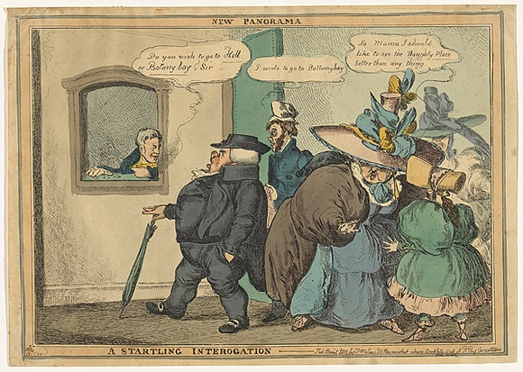 Title: b'New panorama, a startling interrogation' | Date: 1829 | Technique: b'engraving, printed in black ink from, from one copper plate: hand-coloured'