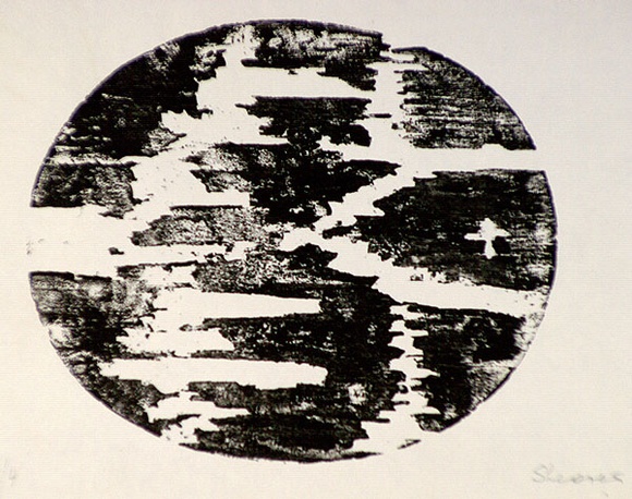 Artist: b'SHEARER, Mitzi' | Title: b'not titled [oval]' | Date: 1977 | Technique: b'woodcut, printed in black ink, from one block'