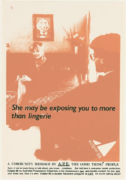 Artist: b'UNKNOWN' | Title: b'She may be exposing you to more than lingerie' | Date: 1988 | Technique: b'screenprint, printed in colour, from multiple stencils'
