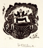 Artist: b'OGILVIE, Helen' | Title: b'(Man leaping, two women bending down)' | Date: (1953) | Technique: b'wood-engraving, printed in black ink, from one block'