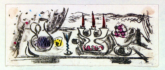 Artist: b'MACQUEEN, Mary' | Title: b'Greeting card: Table setting' | Date: 1963 | Technique: b'lithograph, printed in colour, from multiple plates' | Copyright: b'Courtesy Paulette Calhoun, for the estate of Mary Macqueen'