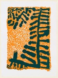 Artist: Yukenbarri, Lucy. | Title: Cadmium orange dots with dark greens structures (tree like motifs) | Date: 1998, November | Technique: screenprint, printed in colour, from multiple stencils | Copyright: © Lucy Yukenbarri Napanangka. Licensed by VISCOPY, Australia