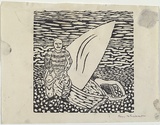 Artist: b'Whisson, Ken.' | Title: b'(Boy with yacht)' | Date: 1952-53 | Technique: b'linocut, printed in black ink, from one block'