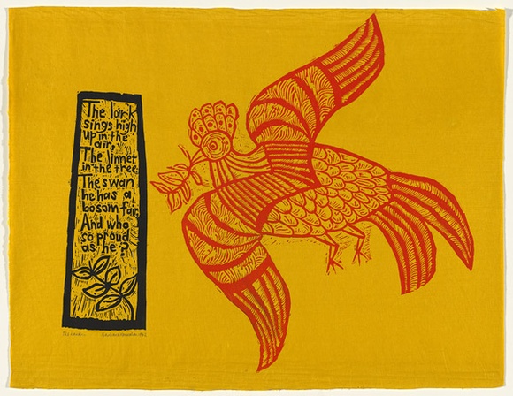 Artist: b'HANRAHAN, Barbara' | Title: b'The lark' | Date: 1962 | Technique: b'woodcut, printed in colour, from two blocks'