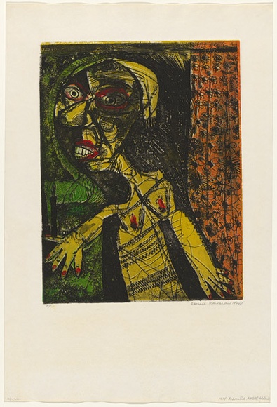 Artist: b'HANRAHAN, Barbara' | Title: b'Aging actress' | Date: 1964, April | Technique: b'etching, aquatint, printed in colour from two  plates'