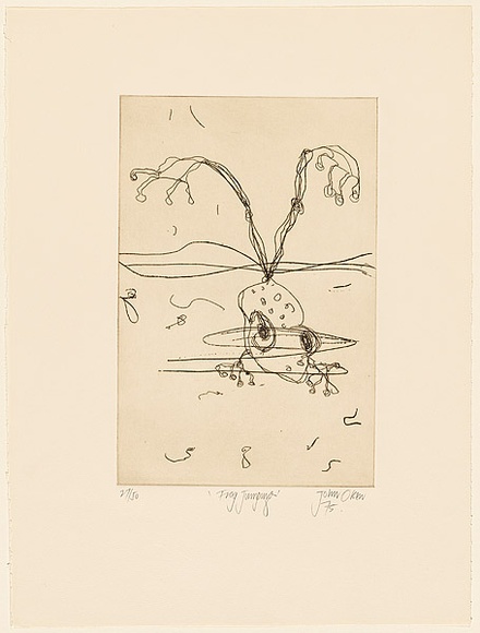 Artist: Olsen, John. | Title: Frog jumping | Date: 1975 | Technique: etching, printed in brown ink with plate-tone, from one zinc plate | Copyright: © John Olsen. Licensed by VISCOPY, Australia