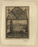 Artist: FEINT, Adrian | Title: Bookplate: John Andrew Lang. | Date: 1928 | Technique: etching, printed in brown ink with plate-tone, from one plate | Copyright: Courtesy the Estate of Adrian Feint