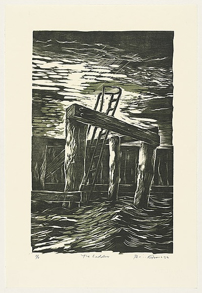 Artist: b'AMOR, Rick' | Title: b'The ladder.' | Date: 1992 | Technique: b'woodcut, printed in black and green ink, from two blocks'