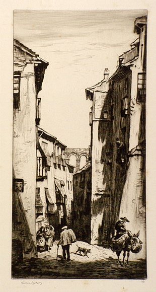 Artist: b'LINDSAY, Lionel' | Title: b'Street of the aqueduct, Segovia' | Date: 1928 | Technique: b'drypoint, printed in brown ink, from one plate' | Copyright: b'Courtesy of the National Library of Australia'