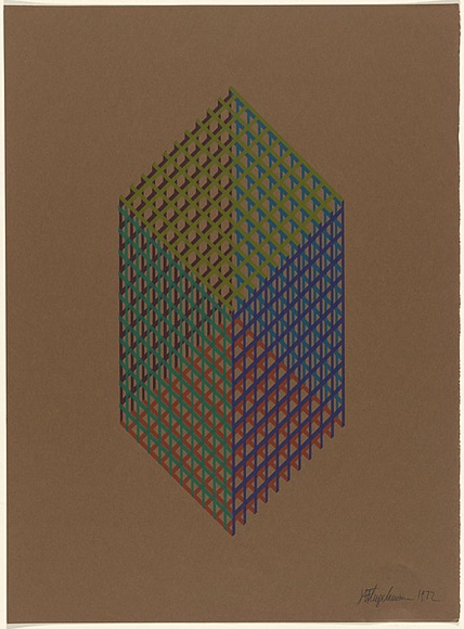 Artist: b'Flugelman, Bert.' | Title: b'(Cube in mesh).' | Date: 1972 | Technique: b'screenprint, printed in colour, from six stencils' | Copyright: b'\xc2\xa9 Bert Flugelman'