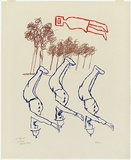 Artist: Nolan, Sidney. | Title: not titled [Three policemen and Ned Kelly]. | Date: 1966 | Technique: lithograph, printed in colour, from multiple stones [or plates]