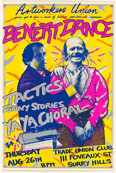 Artist: b'Debenham, Pam.' | Title: bArtworkers Union Benefit Dance....your've got to have asense of humor post -Biennale depression. | Date: 1982 | Technique: b'screenprint, printed in colour, from four stencils'