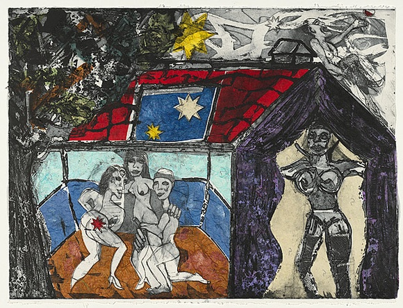 Artist: b'Efandis, Angela.' | Title: b'not titled [four figures engaged in sexual acts under stars from Eureka flag]' | Date: 1994 | Technique: b'etching, printed in black ink, from one plate'