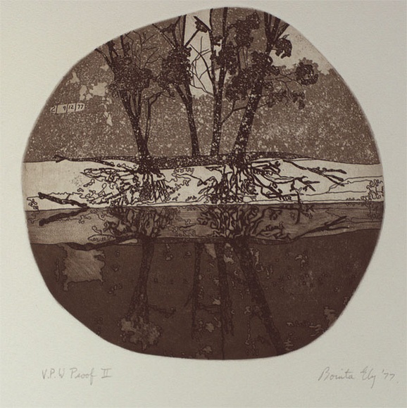 Artist: b'Ely, Bonita.' | Title: b'not titled [circular landscape]' | Date: 1977 | Technique: b'etching and aquatint, printed in sepia ink, from one plate'