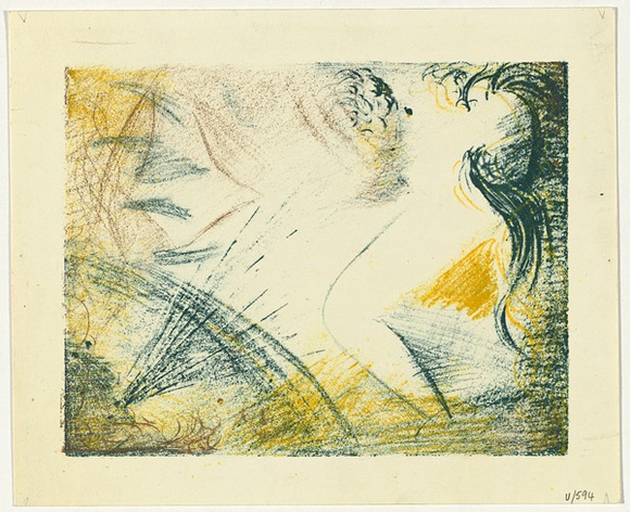 Artist: b'BOYD, Arthur' | Title: b'(Two figures, with blowing head, yellow, green and brown).' | Date: 1960-70 | Technique: b'etching, printed in colour, from one plate' | Copyright: b'Reproduced with permission of Bundanon Trust'