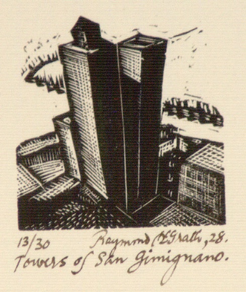 Artist: McGrath, Raymond. | Title: The towers of San Gimignano | Date: 1928 | Technique: wood-engraving, printed in black ink, from one block