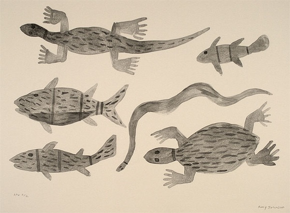 Artist: b'Jirwulurr Johnson, Amy.' | Title: b'not titled (fish, turtles, snake, lizard)' | Date: 2000, November | Technique: b'lithograph, printed in black ink, from one aluminium plate'