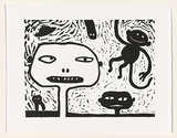 Artist: b'Green, Rona.' | Title: b'not titled [sharp-toothed cartoon head with suspended monkey]' | Date: 1999, September | Technique: b'linocut, printed in black ink, from one block'