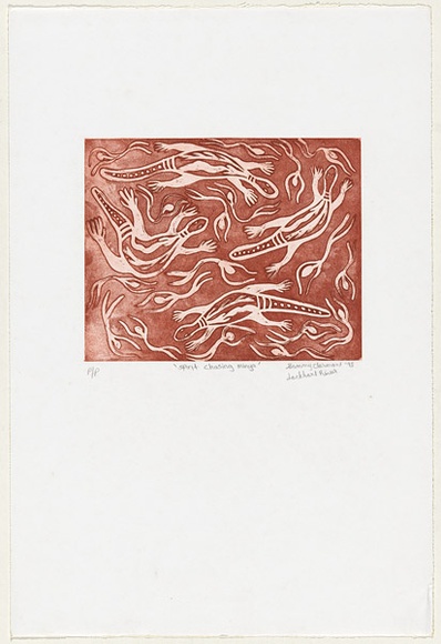Artist: b'Clarmont, Sammy.' | Title: b'Spirit chasing minya' | Date: 1998 | Technique: b'etching, printed in red-brown ink, from one plate'