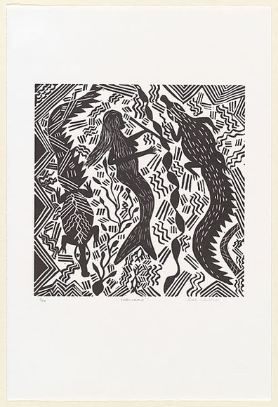 Artist: b'Wilfred, Rex.' | Title: b'Gadugadu' | Date: c.2001 | Technique: b'linocut, printed in black ink, from one block'