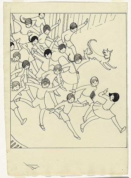 Artist: Spowers, Ethel. | Title: Drawing for the linocut 'School is out' | Date: (1936) | Technique: pen and ink, pencil