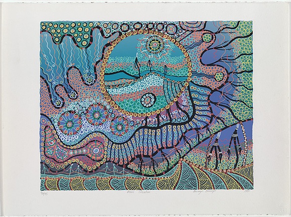 Artist: b'Bancroft, Bronwyn.' | Title: b'Koori creation.' | Date: 1991 | Technique: b'screenprint, printed in colour, from multiple screens' | Copyright: b'\xc2\xa9 Bronwyn Bancroft. Licensed  by VISCOPY, Australia'