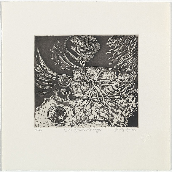 Artist: b'Gittoes, George.' | Title: b'The green lounge.' | Date: 1971 | Technique: b'etching, printed in black ink, from one plate'