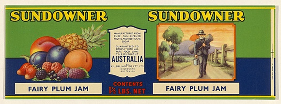 Artist: b'UNKNOWN' | Title: b'Label: Sundowner fairy plum jam' | Date: c.1920 | Technique: b'lithograph, printed in colour, from multiple stones [or plates]'