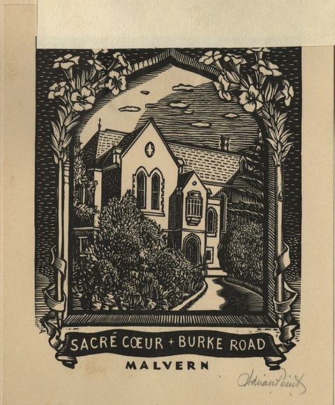 Artist: b'FEINT, Adrian' | Title: b'Bookplate: Sacre Coeur, Burke Road Malvern.' | Date: (1938) | Technique: b'wood-engraving, printed in black ink, from one block' | Copyright: b'Courtesy the Estate of Adrian Feint'