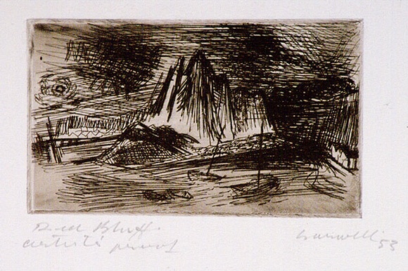 Artist: b'Barwell, Geoff.' | Title: b'Red Bluff.' | Date: 1953 | Technique: b'etching and drypoint, printed in sepia ink with plate-tone, from one plate'