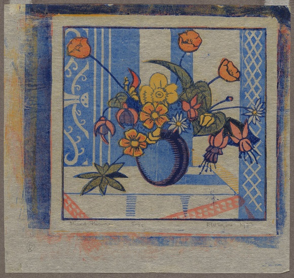 Artist: b'Syme, Eveline' | Title: b'Mixed flowers' | Date: 1933 | Technique: b'linocut, printed in colour, from four blocks (yellow ochre, vermillion, cobalt blue, ultramarine)'