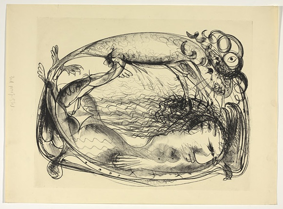 Artist: b'BOYD, Arthur' | Title: bNude on couch with beast below ram's horns. | Date: 1960-70 | Technique: b'lithograph, printed in black ink, from one stone [or plate]' | Copyright: b'Reproduced with permission of Bundanon Trust'