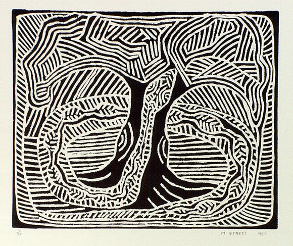 Artist: b'STREET, Mervyn' | Title: b'(Tree and snake)' | Date: 1986 | Technique: b'linocut, printed in black ink, from one block'