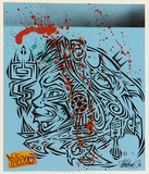 Artist: PHIBS, | Title: Blue Aztec. | Date: 2004 | Technique: stencil, printed in black ink, from one stencil; orange paint; sticker