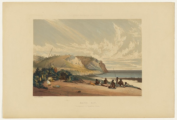Artist: Angas, George French. | Title: Rapid Bay, encampment of Yankalilla. | Date: 1846-47 | Technique: lithograph, printed in colour, from multiple stones; varnish highlights by brush